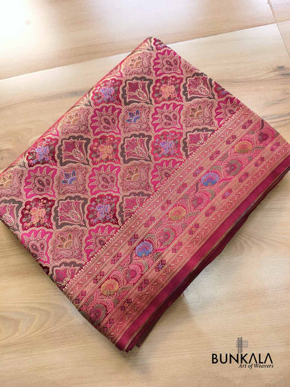 Reddish Pink Rangkat Jamewar Mughal Pattern Weaved Banarasi Mashru Silk Saree