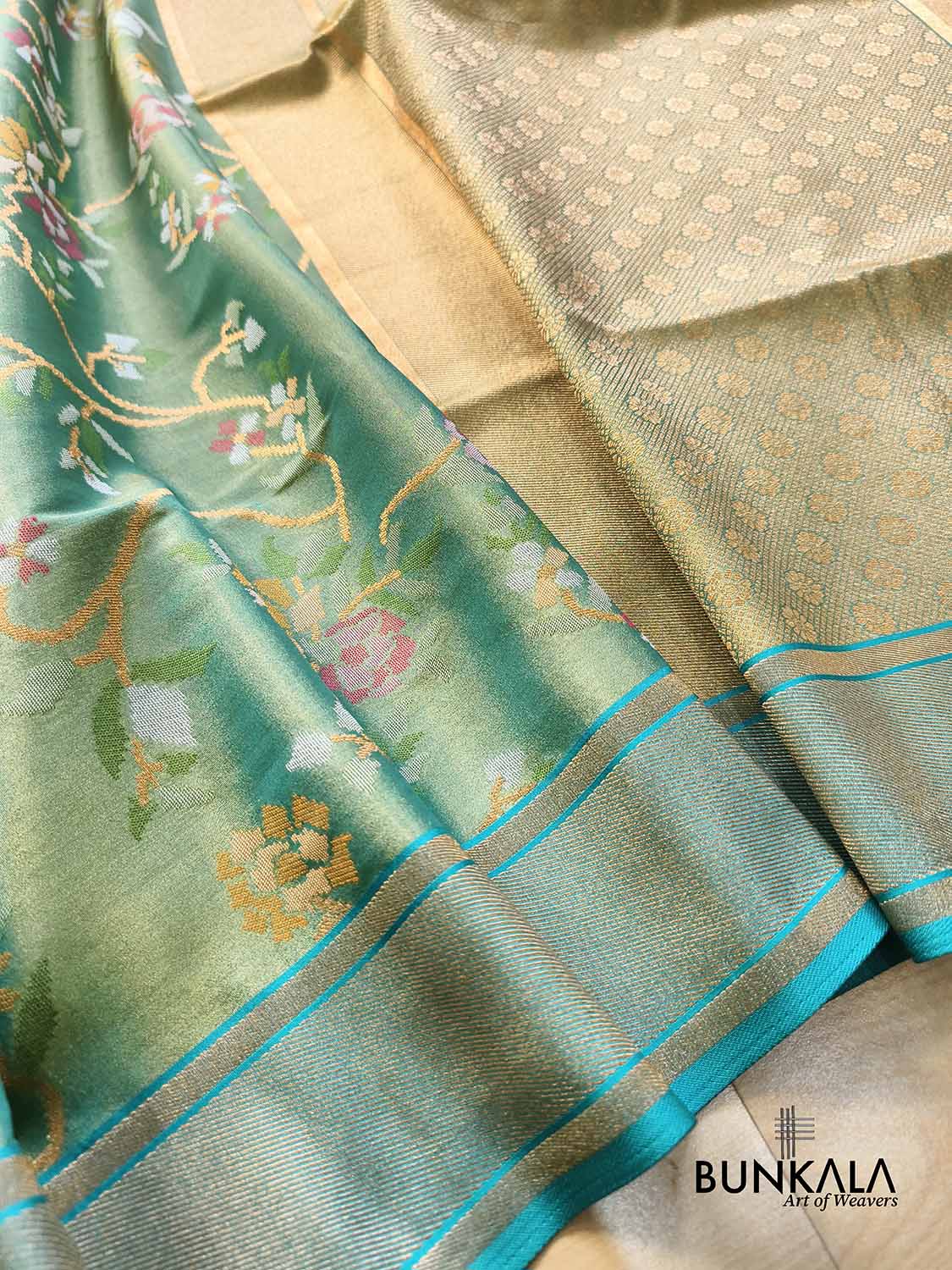 English Green Jamdani Banarasi Floral Jaal Meenakari Weaved Tissue Saree