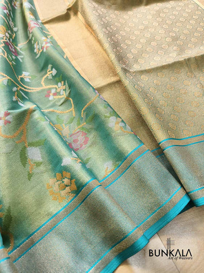 English Green Jamdani Banarasi Floral Jaal Meenakari Weaved Tissue Saree