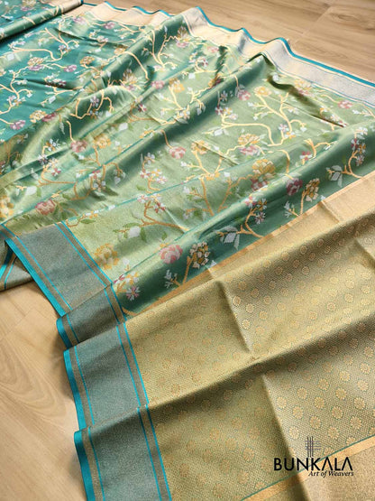 English Green Jamdani Banarasi Floral Jaal Meenakari Weaved Tissue Saree