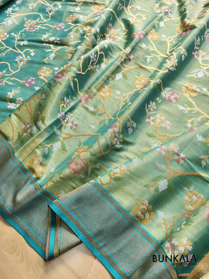 English Green Jamdani Banarasi Floral Jaal Meenakari Weaved Tissue Saree