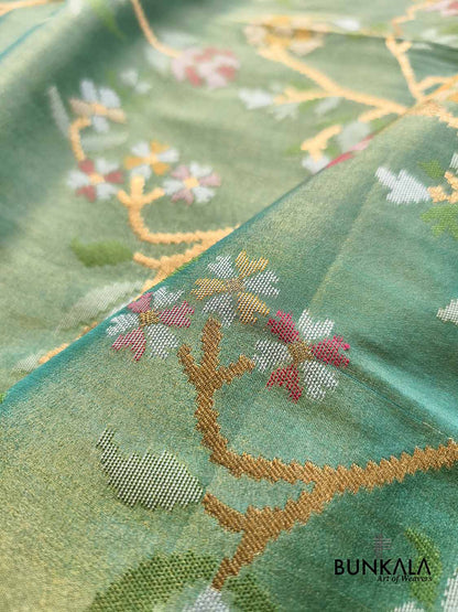 English Green Jamdani Banarasi Floral Jaal Meenakari Weaved Tissue Saree
