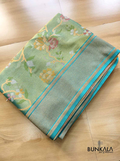 English Green Jamdani Banarasi Floral Jaal Meenakari Weaved Tissue Saree