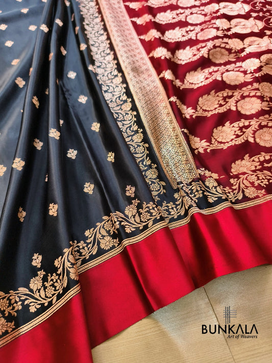 Black with Red Contrast Buti Banarasi Mashru Silk Saree