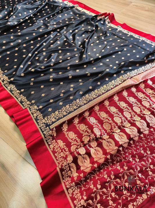 Black with Red Contrast Buti Banarasi Mashru Silk Saree