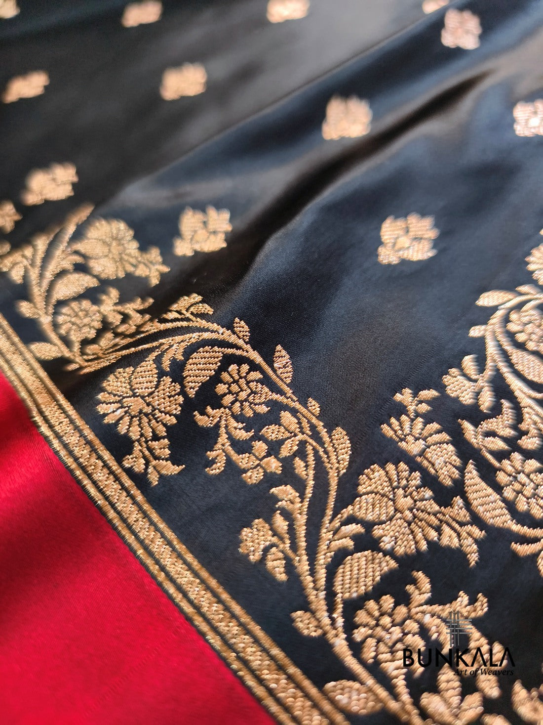 Black with Red Contrast Buti Banarasi Mashru Silk Saree