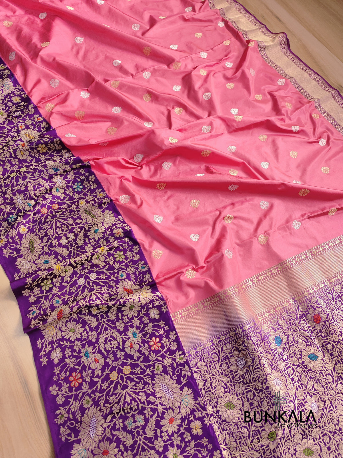 Shop Pink Pure Katan Silk Kadwa Handweaved Meenakari Banarasi Saree ...