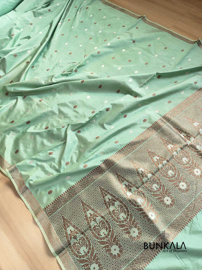 Pastel Green Pure Katan Silk Antique Zari Allover Small Kadwa Handweaved Buti Banarasi Saree