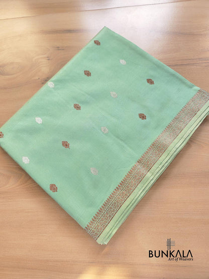 Pastel Green Pure Katan Silk Antique Zari Allover Small Kadwa Handweaved Buti Banarasi Saree