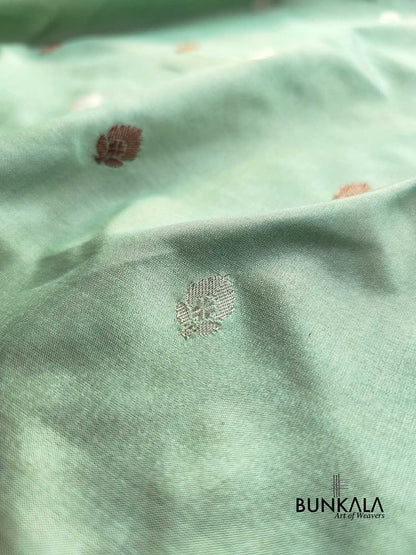 Pastel Green Pure Katan Silk Antique Zari Allover Small Kadwa Handweaved Buti Banarasi Saree