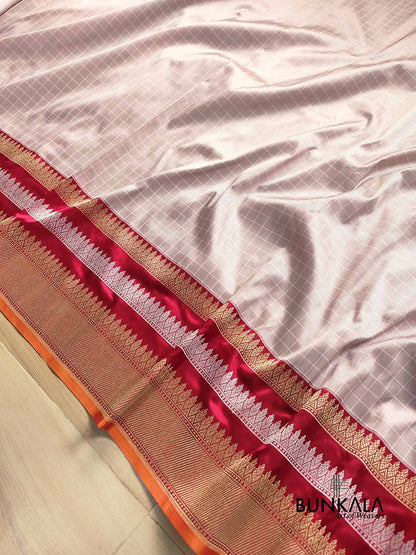 Metallic Grey Pure Katan Silk Checks Design Kadwa Handweaved with Contrast Red Kadiyal Border Banarasi Saree