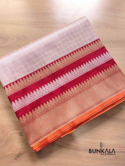 Metallic Grey Pure Katan Silk Checks Design Kadwa Handweaved with Contrast Red Kadiyal Border Banarasi Saree