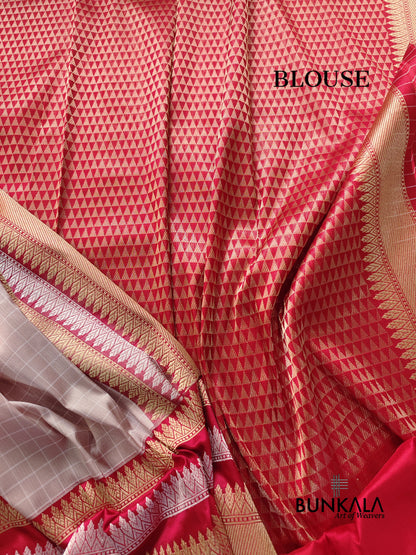 Metallic Grey Pure Katan Silk Checks Design Kadwa Handweaved with Contrast Red Kadiyal Border Banarasi Saree