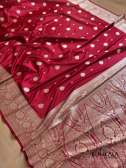 Bridal Maroon Soft Mashru Silk Allover Small Buti Weaved Banarasi Saree