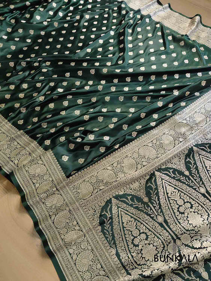 Deep Green Soft Mashru Silk Allover Small Buti Weaved Banarasi Saree