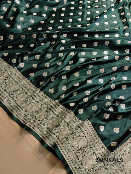 Deep Green Soft Mashru Silk Allover Small Buti Weaved Banarasi Saree