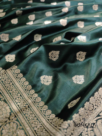 Deep Green Soft Mashru Silk Allover Small Buti Weaved Banarasi Saree
