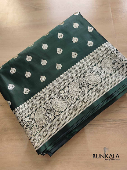 Deep Green Soft Mashru Silk Allover Small Buti Weaved Banarasi Saree