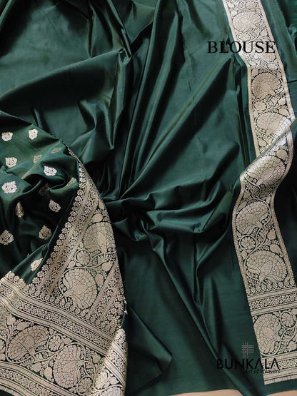 Deep Green Soft Mashru Silk Allover Small Buti Weaved Banarasi Saree