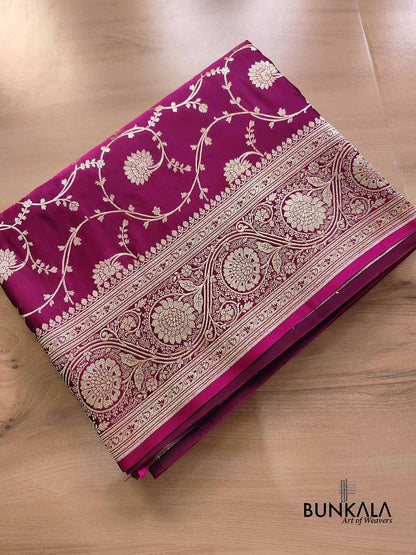 Magenta Pink Soft Mashru Silk Allover Floral Jaal Design Weaved Banarasi Saree