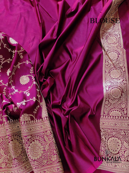 Magenta Pink Soft Mashru Silk Allover Floral Jaal Design Weaved Banarasi Saree