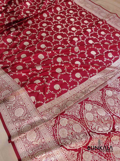 Blood Red Soft Mashru Silk Allover Floral Jaal Design Weaved Banarasi Saree