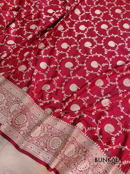 Blood Red Soft Mashru Silk Allover Floral Jaal Design Weaved Banarasi Saree