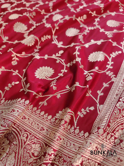 Blood Red Soft Mashru Silk Allover Floral Jaal Design Weaved Banarasi Saree