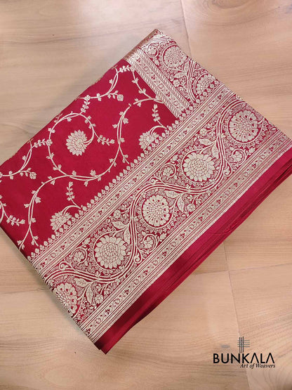 Blood Red Soft Mashru Silk Allover Floral Jaal Design Weaved Banarasi Saree