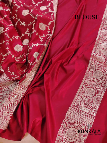 Blood Red Soft Mashru Silk Allover Floral Jaal Design Weaved Banarasi Saree