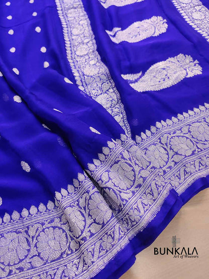 Royal Blue Allover Silver Zari Buti Banarasi Pure Khaddi Chiffon Saree