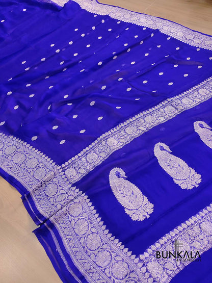 Royal Blue Allover Silver Zari Buti Banarasi Pure Khaddi Chiffon Saree
