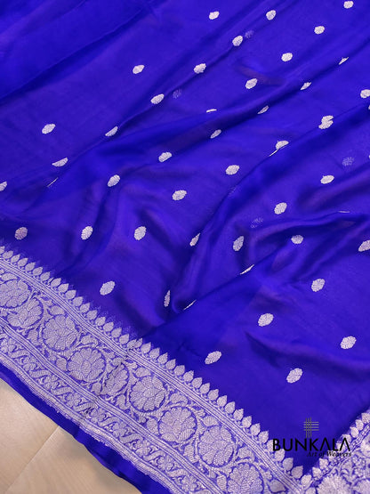 Royal Blue Allover Silver Zari Buti Banarasi Pure Khaddi Chiffon Saree