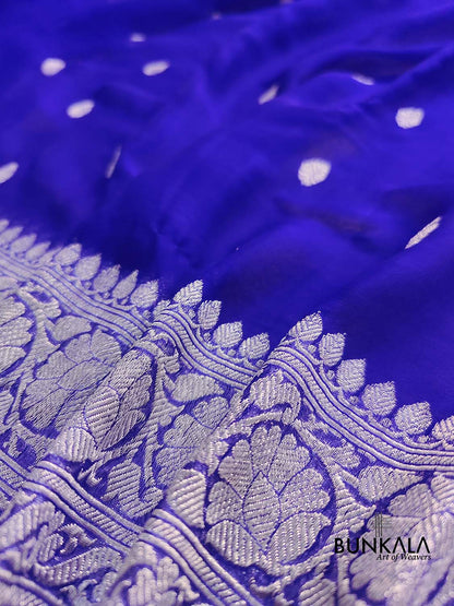 Royal Blue Allover Silver Zari Buti Banarasi Pure Khaddi Chiffon Saree