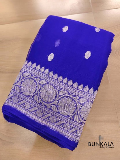 Royal Blue Allover Silver Zari Buti Banarasi Pure Khaddi Chiffon Saree