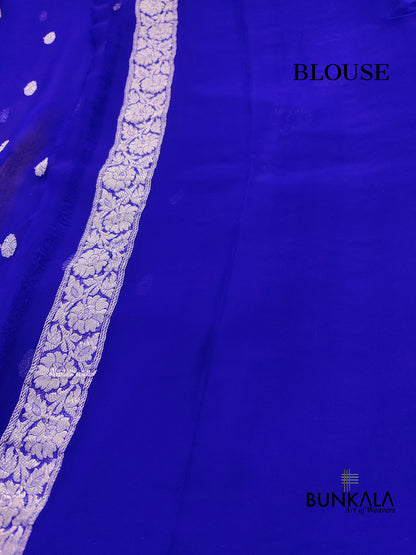 Royal Blue Allover Silver Zari Buti Banarasi Pure Khaddi Chiffon Saree