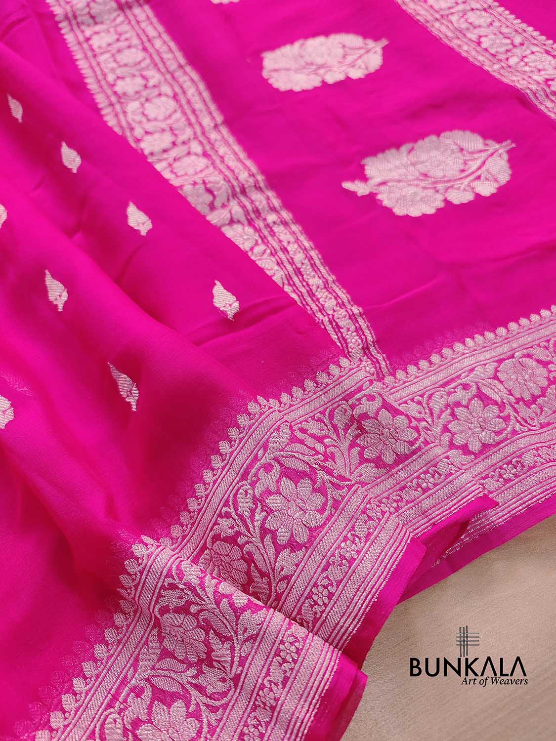 Hot Pink Allover Silver Zari Buti Handloom Banarasi Pure Khaddi Chiffon Saree