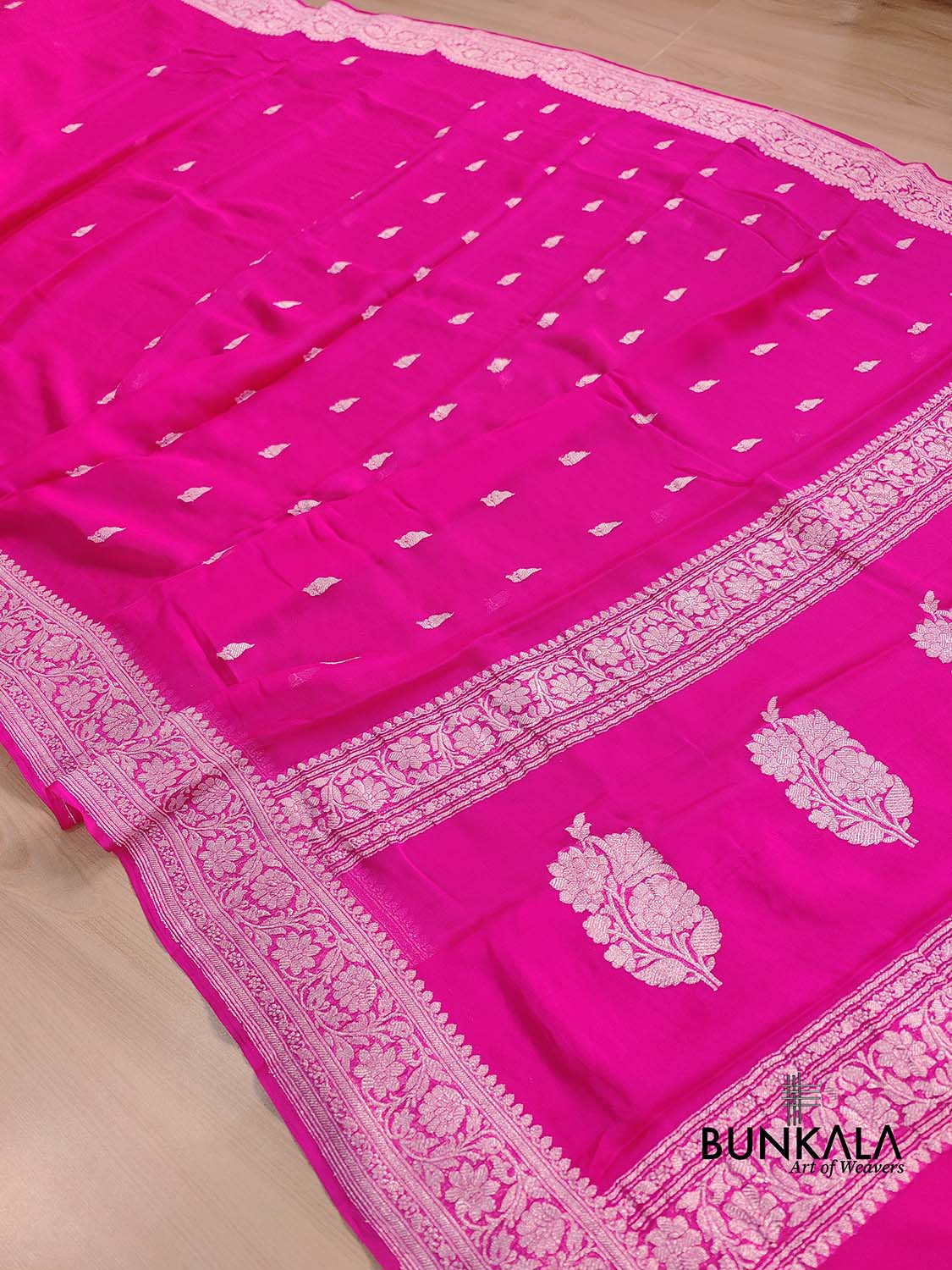 Hot Pink Allover Silver Zari Buti Handloom Banarasi Pure Khaddi Chiffon Saree