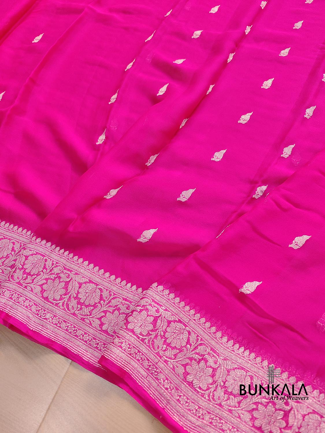 Hot Pink Allover Silver Zari Buti Handloom Banarasi Pure Khaddi Chiffon Saree