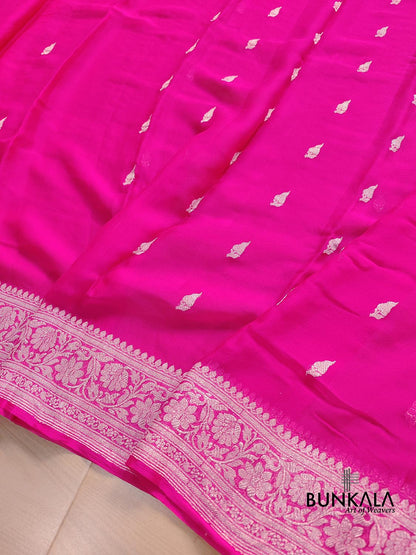 Hot Pink Allover Silver Zari Buti Handloom Banarasi Pure Khaddi Chiffon Saree