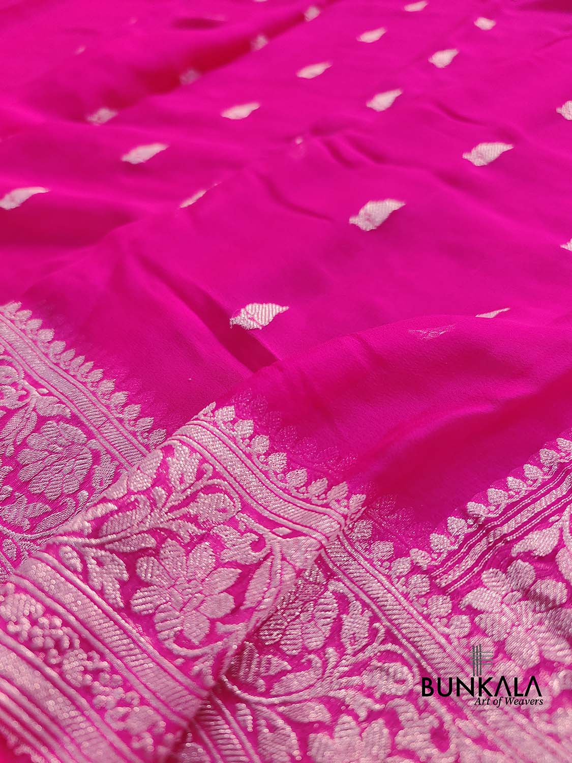 Hot Pink Allover Silver Zari Buti Handloom Banarasi Pure Khaddi Chiffon Saree