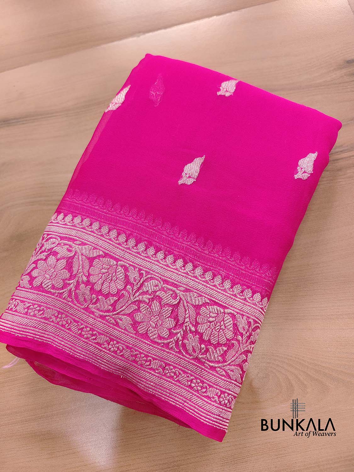 Hot Pink Allover Silver Zari Buti Handloom Banarasi Pure Khaddi Chiffon Saree