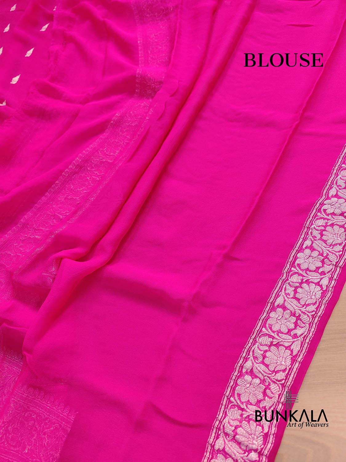 Hot Pink Allover Silver Zari Buti Handloom Banarasi Pure Khaddi Chiffon Saree