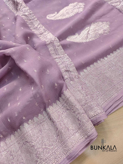 Mauve Purple Allover Silver Zari Buti Banarasi Pure Khaddi Chiffon Saree