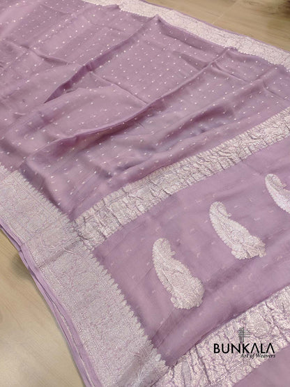 Mauve Purple Allover Silver Zari Buti Banarasi Pure Khaddi Chiffon Saree