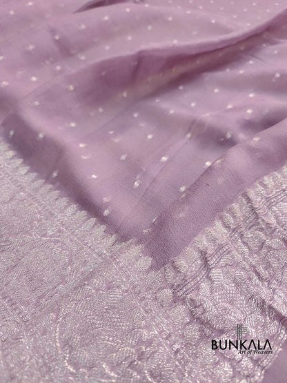Mauve Purple Allover Silver Zari Buti Banarasi Pure Khaddi Chiffon Saree