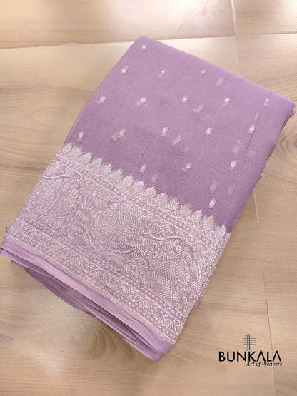 Mauve Purple Allover Silver Zari Buti Banarasi Pure Khaddi Chiffon Saree