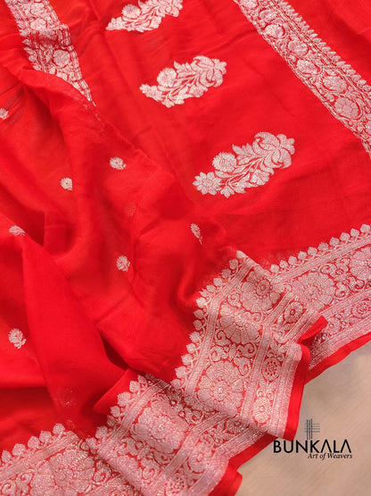 Burnt Orange Allover Silver Zari Buti Banarasi Pure Khaddi Chiffon Saree