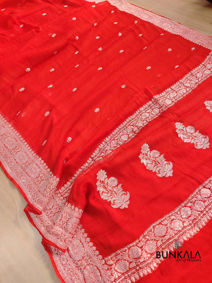 Burnt Orange Allover Silver Zari Buti Banarasi Pure Khaddi Chiffon Saree