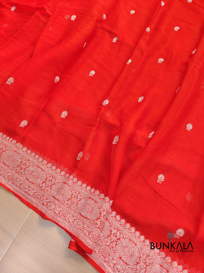 Burnt Orange Allover Silver Zari Buti Banarasi Pure Khaddi Chiffon Saree